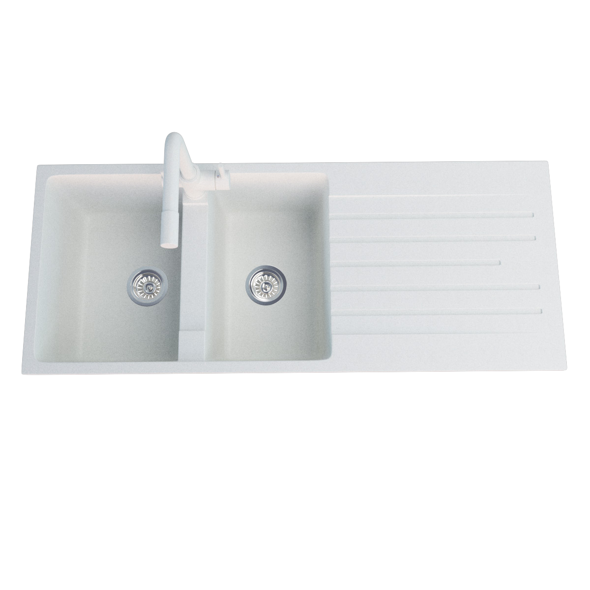 Anamalous Double Bowl Sink with Drainboard — White